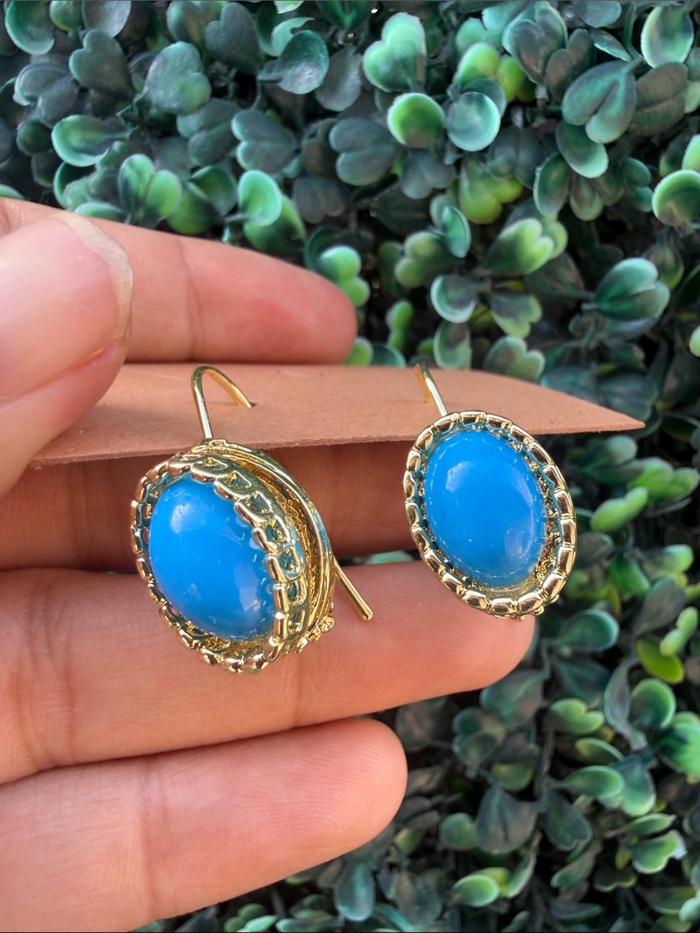 Gold-Tone Blue Oval Drop Earrings